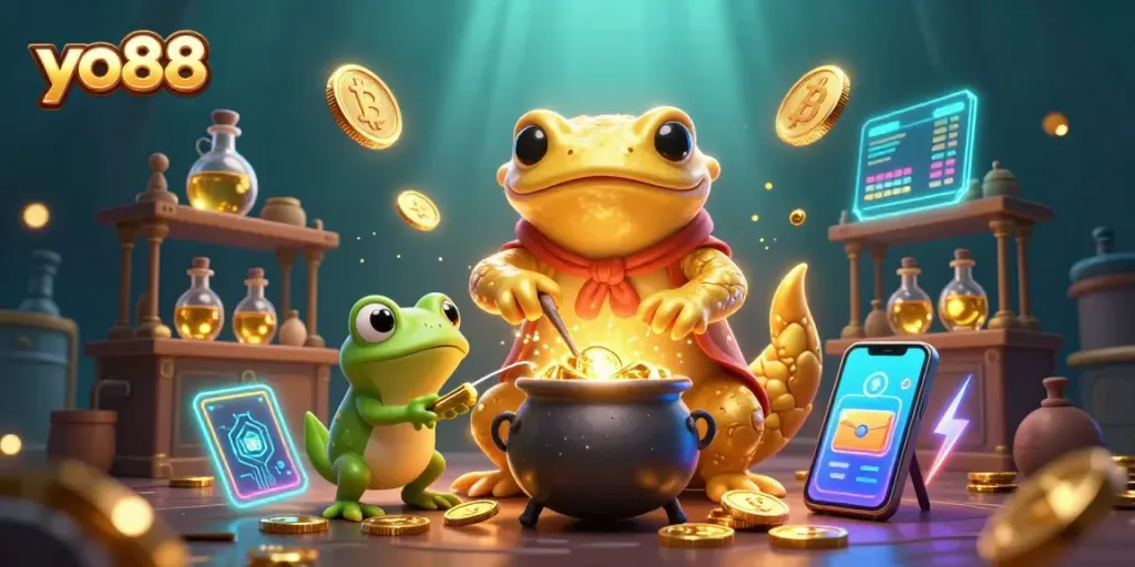 Join the excitement at yo88, witnessing a golden alchemist and his helpers in a magical laboratory.