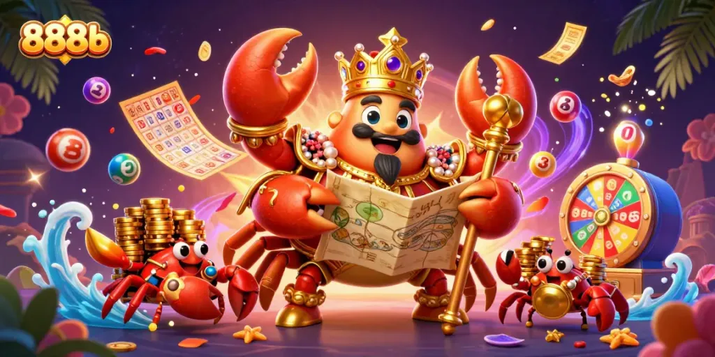 Experience vibrant gaming at 888b with a crab emperor guiding exhilarating lotteries and riches.