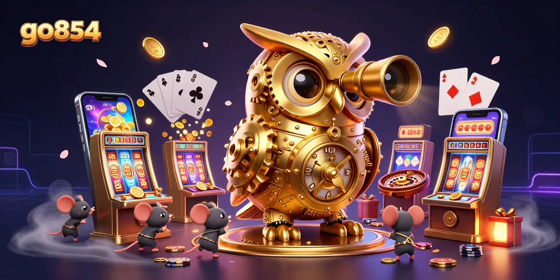 Engage with go854's vibrant casino scene featuring a golden owl, slot games, and lively patrons.