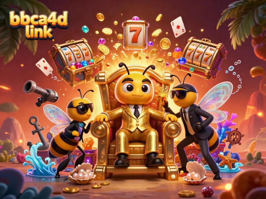 Melihat bbca4d link di ilustrasi kasino yang penuh dengan simbol slot dan kekayaan.