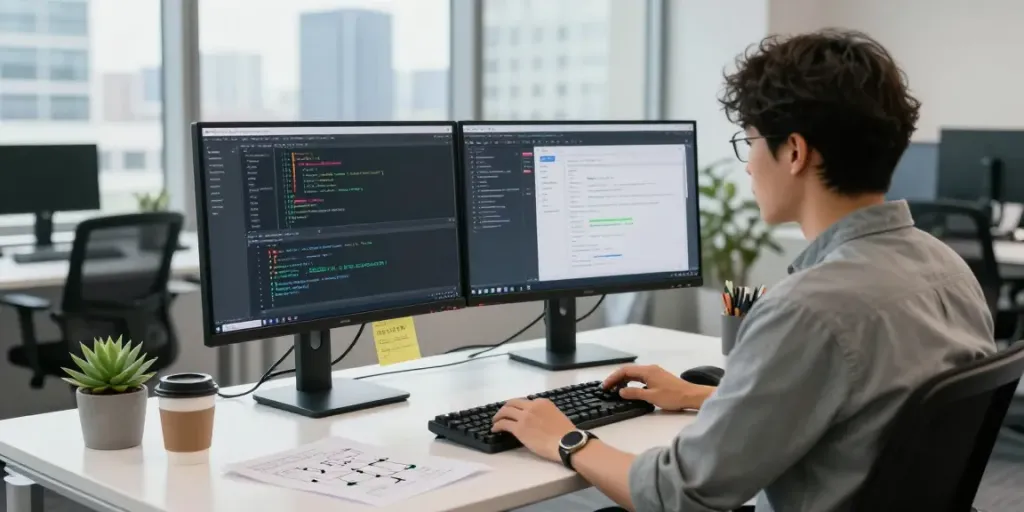Pecah 404 tech software development scene showcasing a developer coding in an innovative workspace with dual monitors.