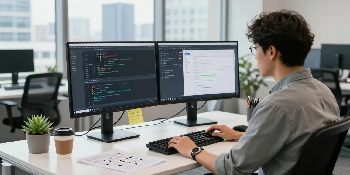 Pecah 404 tech software development scene showcasing a developer coding in an innovative workspace with dual monitors.