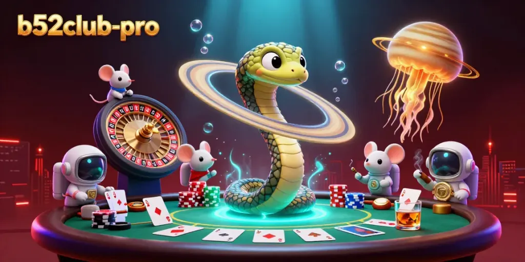 Engage in exciting bets at b52club-pro with a 3D cosmic casino scene, featuring animated characters and rich game elements.