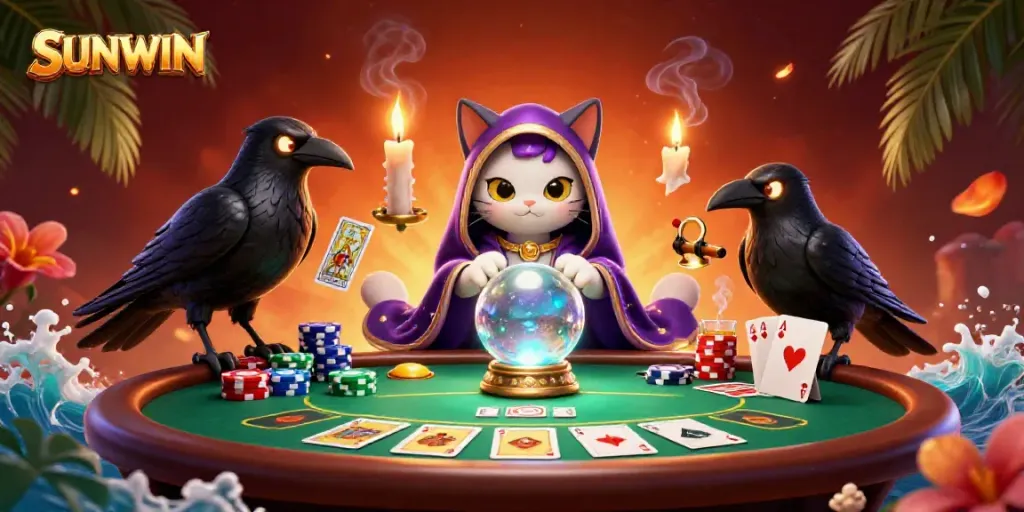 Experience thrilling SUNWIN gaming with a mystical cat, a tarot raven, and vibrant poker elements.