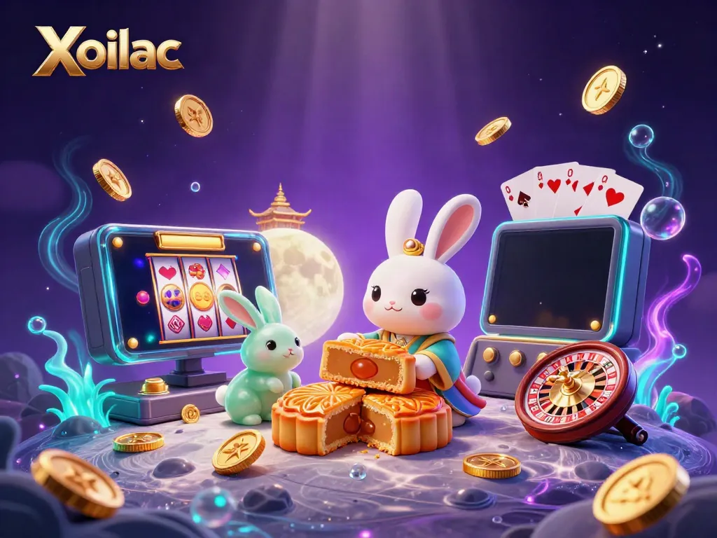 Xoilac features a moon rabbit surrounded by casino game elements, depicting a vibrant gambling scene.