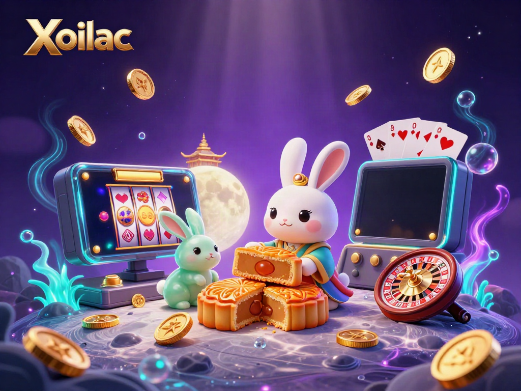 Xoilac features a moon rabbit surrounded by casino game elements, depicting a vibrant gambling scene.