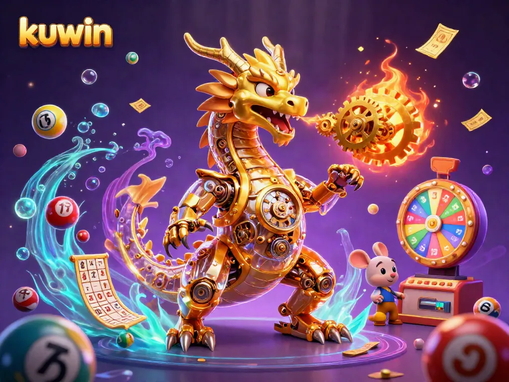 Kuwin engages players with vibrant lottery balls, a golden dragon, and prize wheels for exciting gameplay.