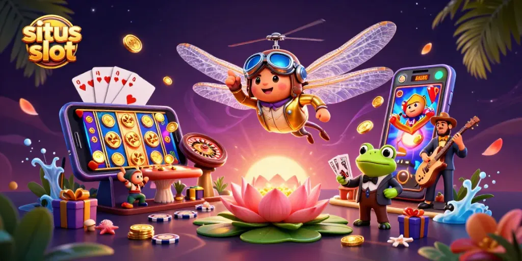 Menangkan permainan unik di situs slot dengan ilustrasi kasino yang penuh warna dan karakter menarik.
