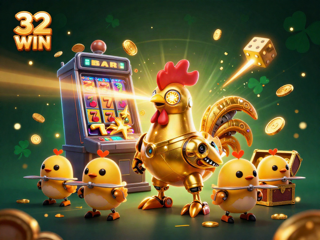 Play the exciting 32 WIN slots with a golden rooster robot surrounded by jackpots and festive casino elements.