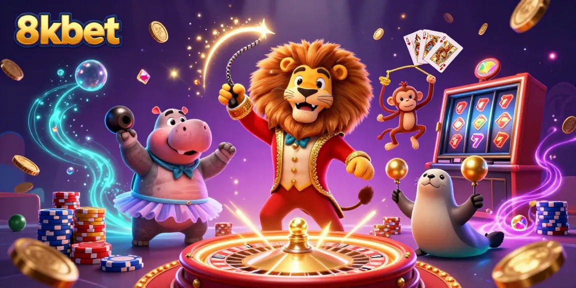 Experience thrilling casino action with 8xbet's vibrant illustration featuring a lion, hippo, monkey, and seal.