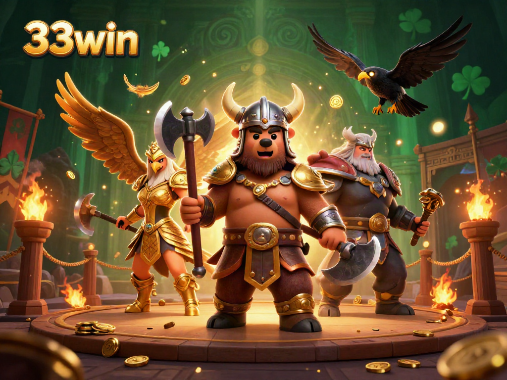 Engage with 33win's thrilling casino scene featuring a Viking berserker and Valkyrie eagle amidst golden game tokens.