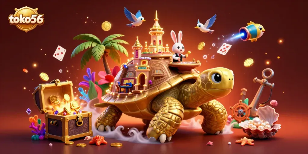 Engage with toko56's vibrant casino world featuring a golden tortoise, rabbit dealer, and treasure elements.
