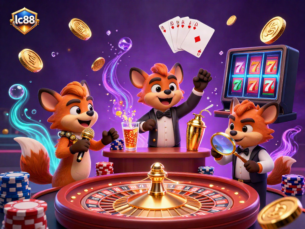 Engage with lc88's dynamic casino experience featuring hyenas in a vibrant comedy club atmosphere.