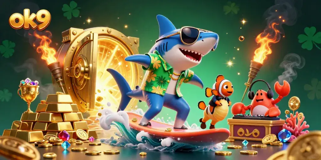 Watch the ok9 shark surf on gold coins in this animated casino-themed illustration.