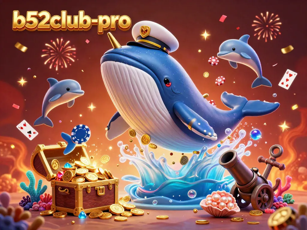 Experience the thrill of winning with b52club-pro, where a giant whale and playful dolphins celebrate with coins and poker chips.