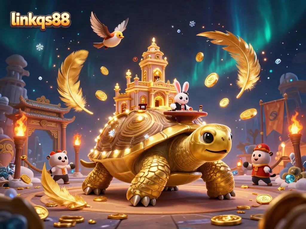 Experience thrills with link qs88, a dynamic casino scene featuring a tortoise, dealer, and golden coins.