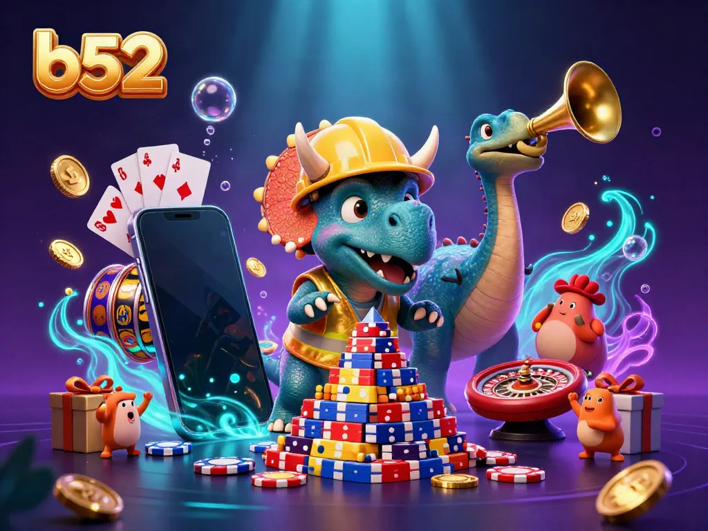 Engage with the vibrant b52 casino world where a triceratops builds a poker chip pyramid amidst swirling colors.