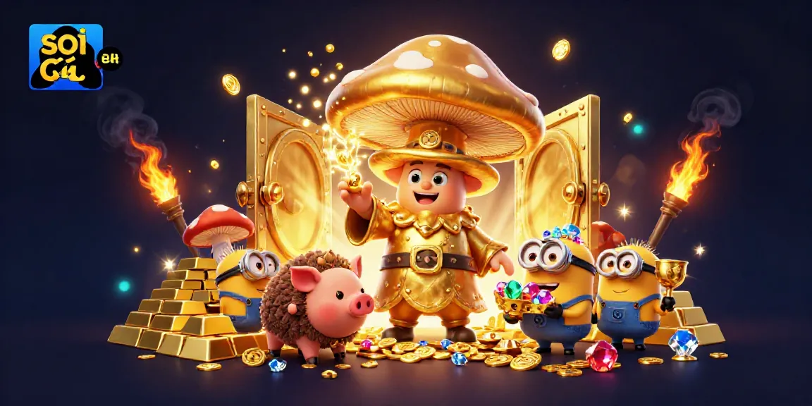 Explore the magic of soi cầu 24h with a golden mushroom wizard and treasures in this vibrant illustration.