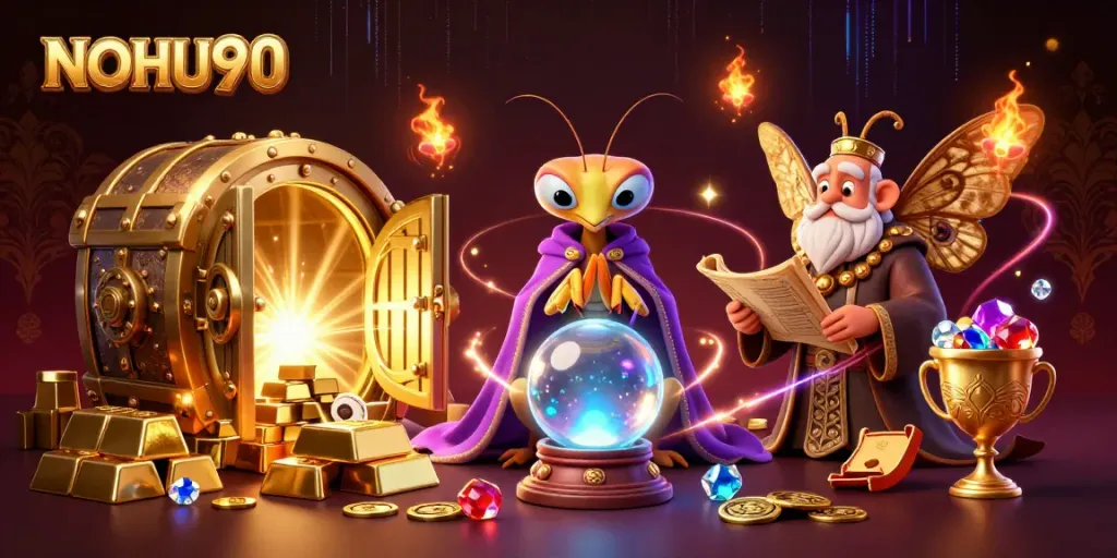 Experience the excitement of NOHU90 with a vibrant casino scene of fortune tellers, treasures, and magic.