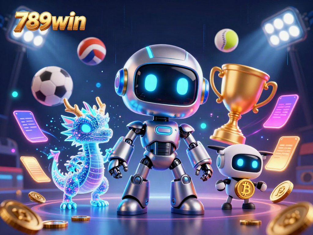 Experience the excitement of 789win with a dynamic 3D casino scene featuring vibrant characters and sports elements.