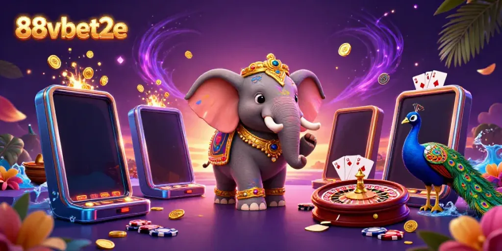 Engage in thrilling games at 88vbet2e with vibrant visuals featuring casino elements and festive characters.