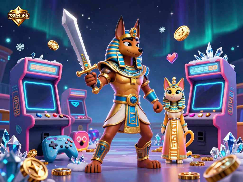 Engage with the vibrant elements of 789clubb's gaming experience, featuring Anubis and Bastet in a dynamic casino scene.
