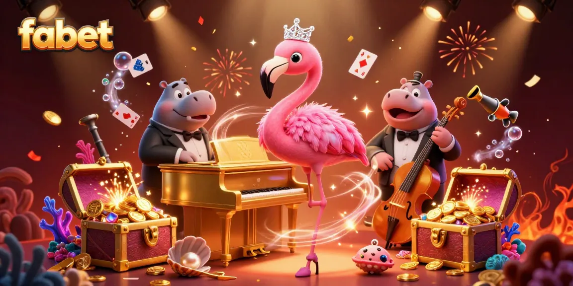Experience high-stakes fun with FABET's vibrant scene depicting a flamingo singer, showcasing energetic casino elements.