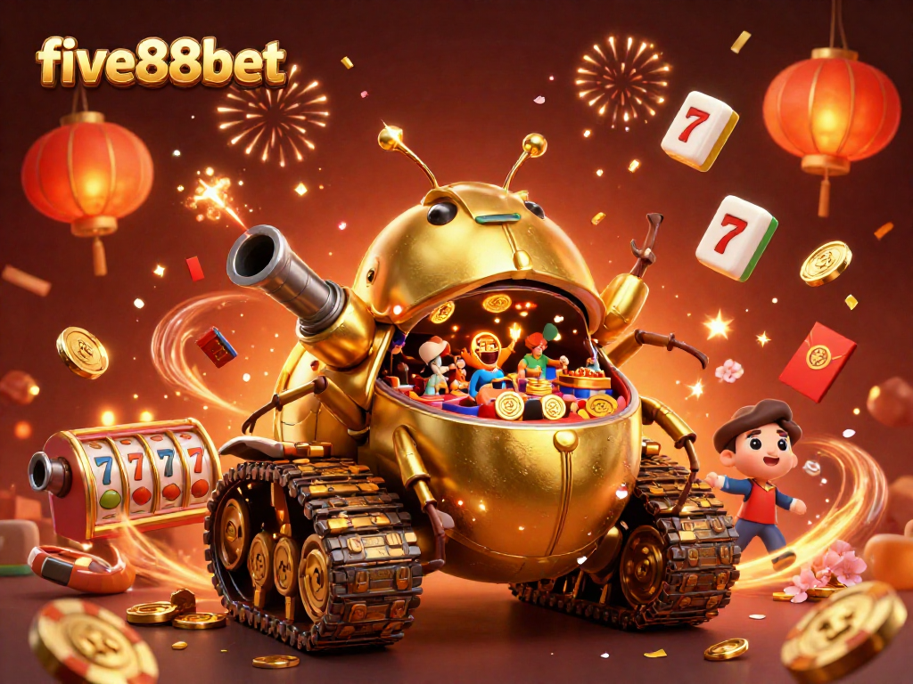 Engage with five88bet's vibrant casino scene featuring a golden beetle tank and lively gaming ambiance.