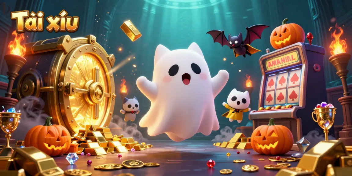 Experience Tài xỉu excitement in a haunted casino, featuring a ghost cat and treasure vault.