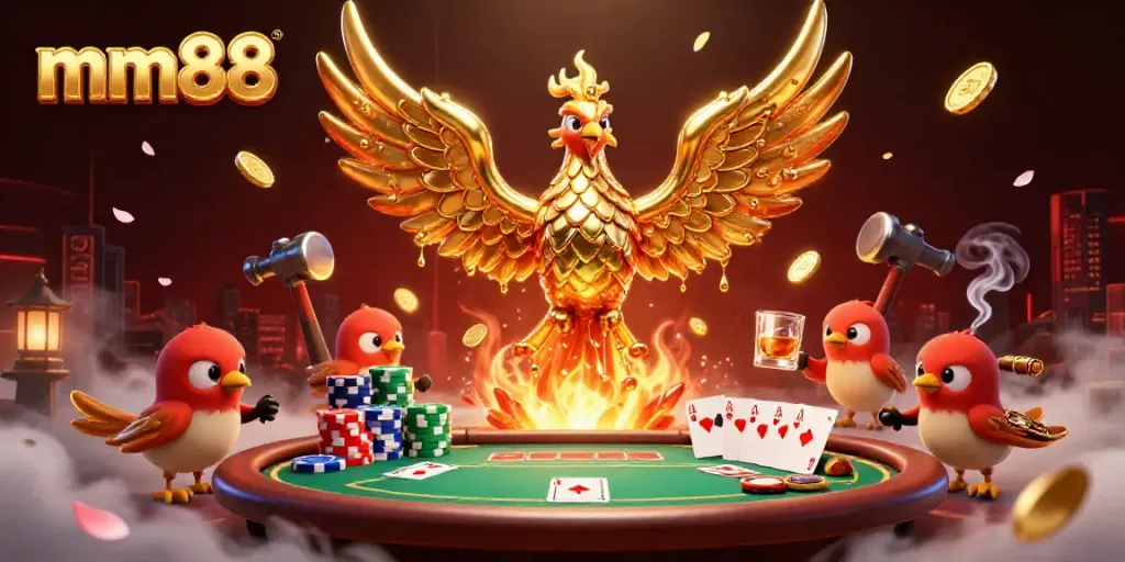 Engage in thrilling gameplay with the mm88 golden phoenix rising amidst a casino scene bursting with poker elements and golden coins.