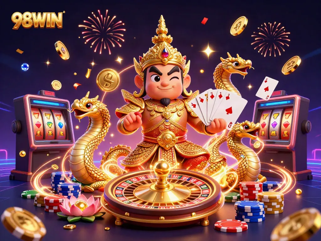 Experience the excitement of 98WIN with a vibrant, dynamic casino scene featuring dazzling gameplay and festive imagery.