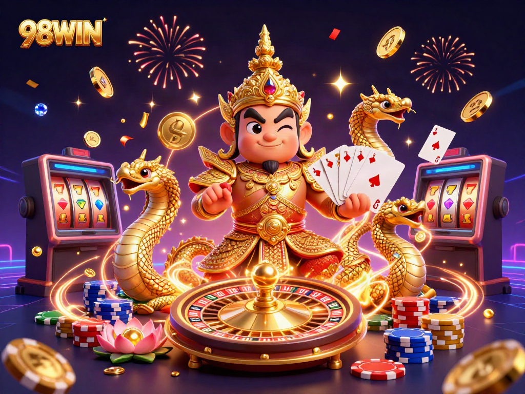 Experience the excitement of 98WIN with a vibrant, dynamic casino scene featuring dazzling gameplay and festive imagery.