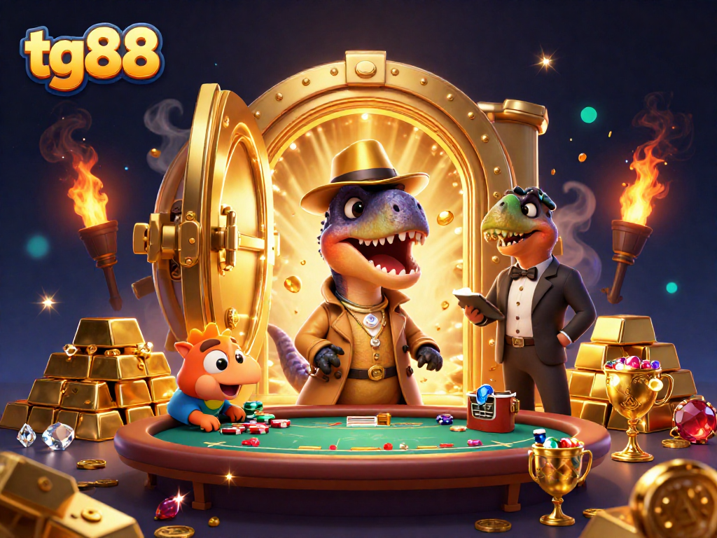 tg88 players strategize at a thrilling casino scene with a velociraptor card counter.