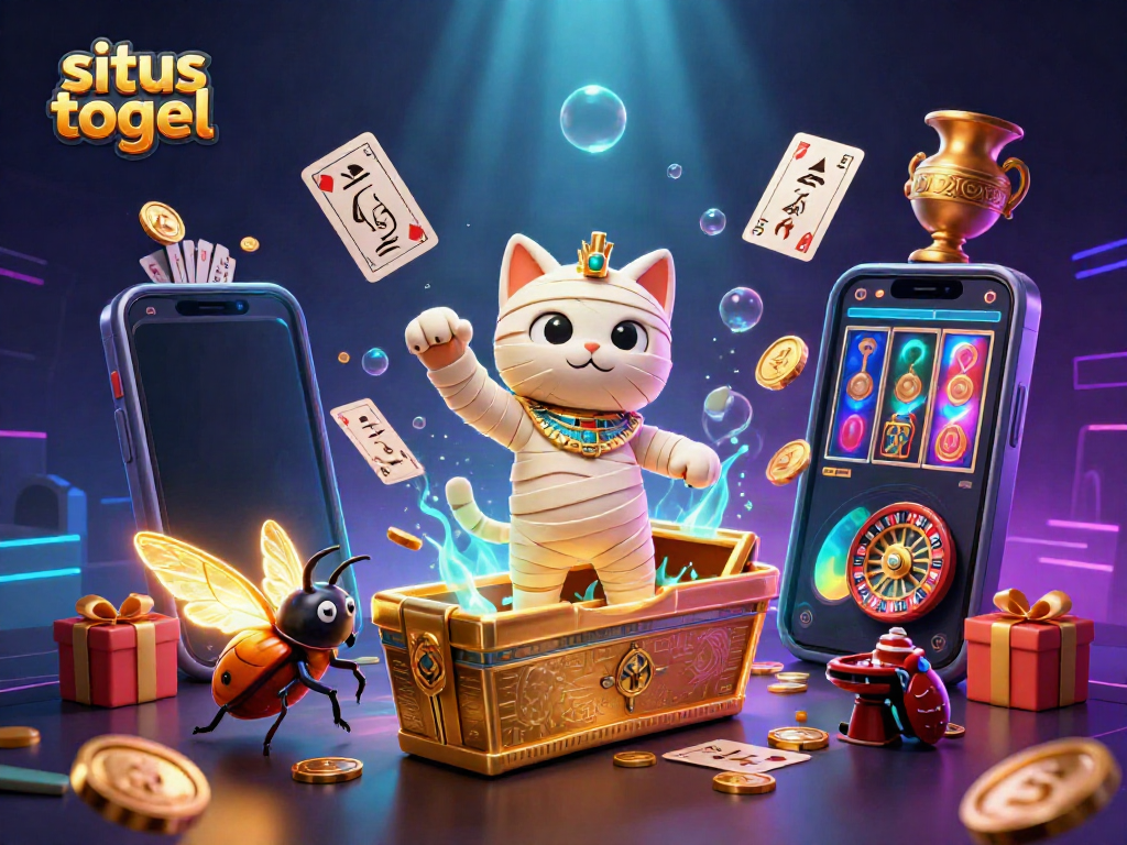 Engage with situs togel in an exciting casino scene featuring a mummy cat and glowing elements.