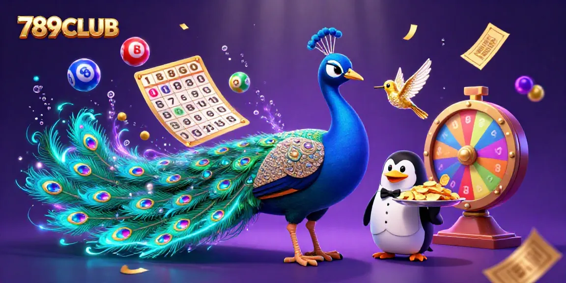 Engaging 3D scene showcasing 789CLUB with vibrant lottery elements and a majestic peacock.