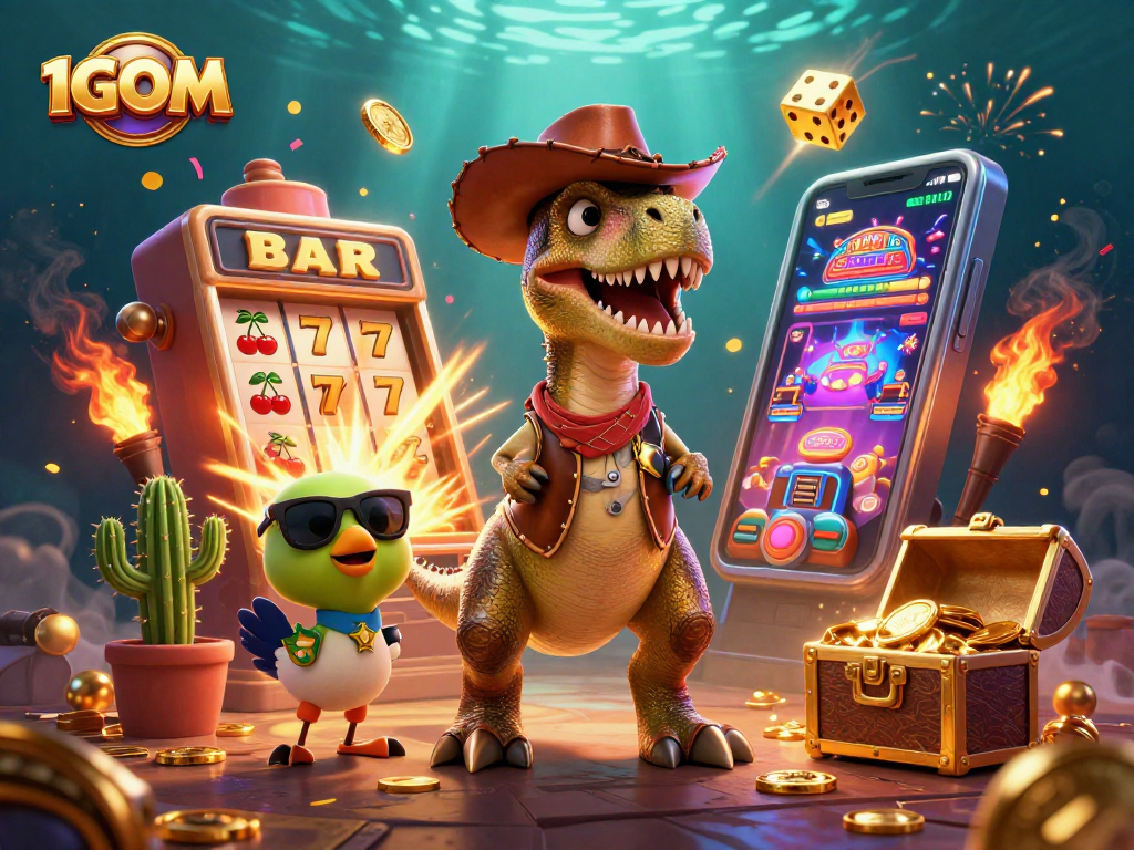 Engage with 1GOM's vibrant 3D scene featuring a T-Rex, cactus, and roadrunner amidst casino jackpots.