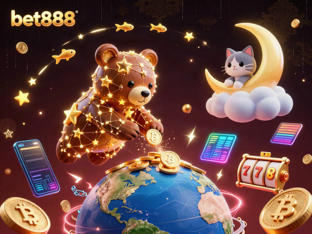 Experience the excitement of bet888 with golden stars and crypto elements illuminating the night.