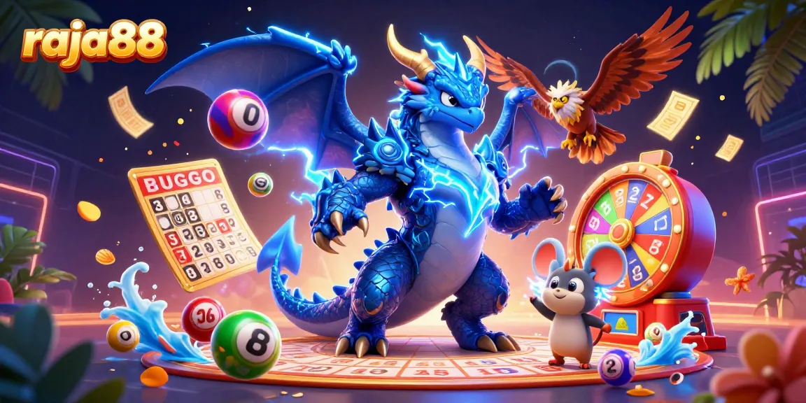Engage with raja88's thrilling gaming experience featuring a dynamic dragon, hawk, and lottery elements.