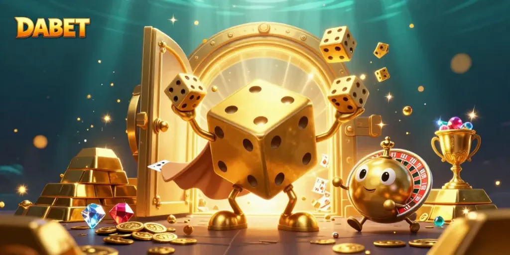 DABET showcases an adventurous golden dice golem juggling dice amidst a treasure-filled casino scene.