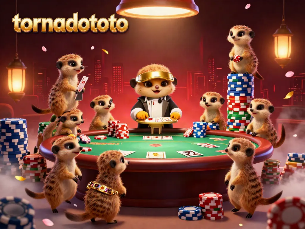Immerse in tornadototo's thrilling casino world as meerkats orchestrate games with vibrant poker action.
