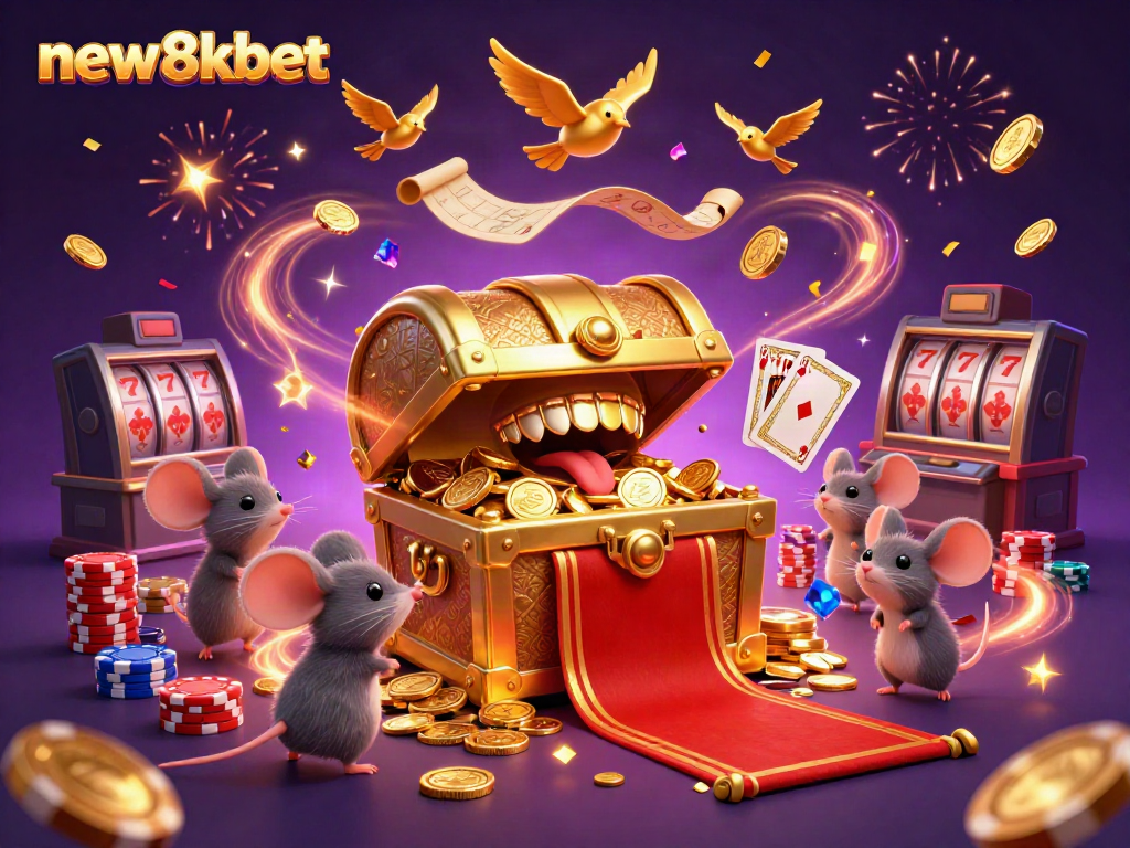Experience thrills with new8xbet as a golden treasure chest draws in adventurer mice in a vibrant casino scene.