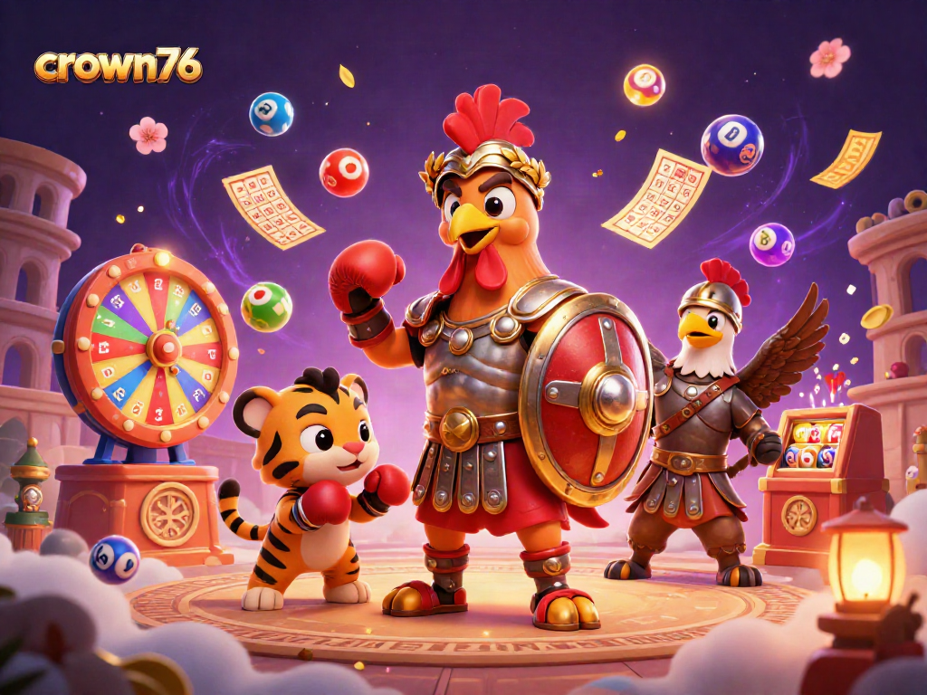 Crown76 unveils a vibrant casino scene with engaging characters and dynamic gaming elements