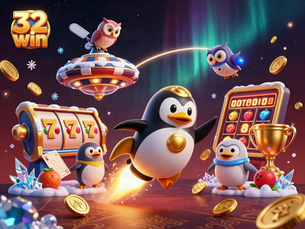Experience thrilling gameplay with 32 win, featuring a golden penguin and dynamic casino elements.