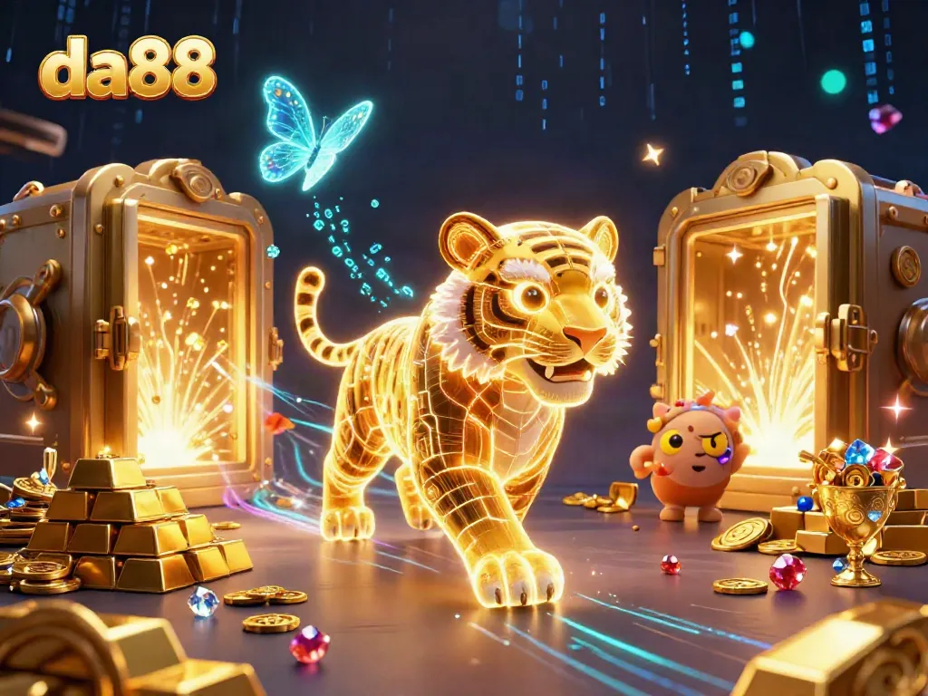 Experience da88’s vibrant 3D casino adventure featuring a neon wireframe golden tiger amidst treasures.
