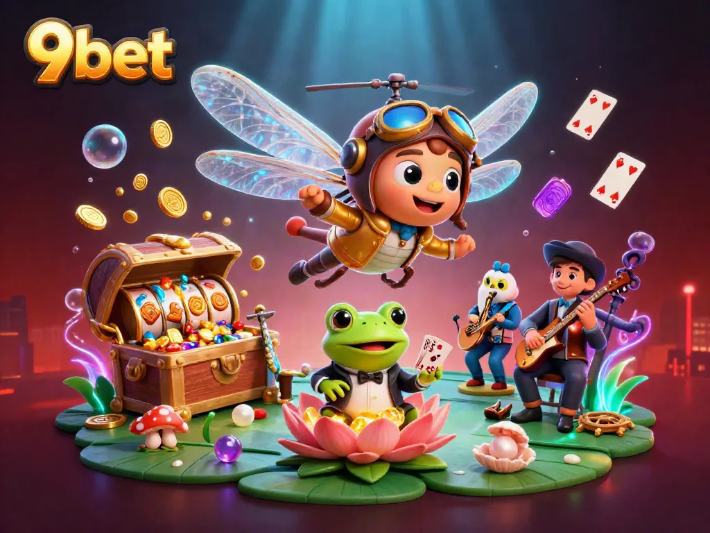Play thrilling casino games at 9bet featuring vibrant characters like a frog croupier and a dragonfly pilot