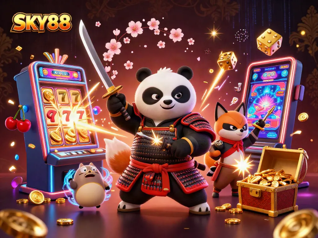 Engage in thrilling gameplay at SKY88 with dynamic 3D characters and vibrant casino elements.