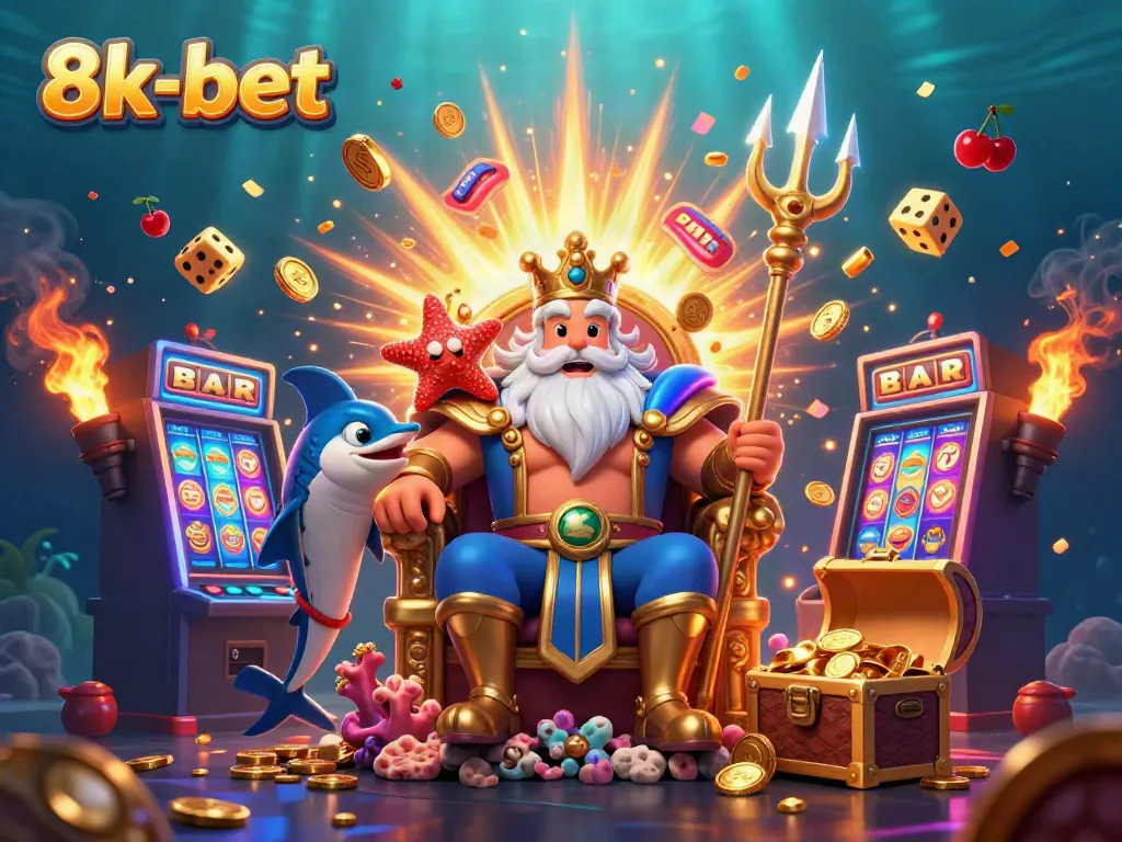 Engaging scene at 8k-bet with Neptune and his samurai surrounded by jackpot slots and casino elements.