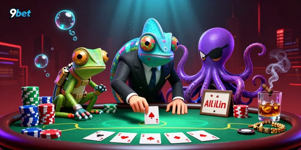 Experience thrilling poker action with 9bet featuring dynamic characters and vibrant casino elements.