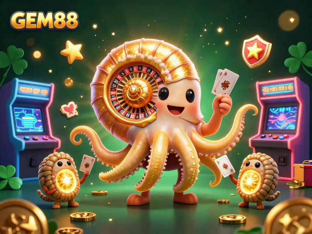 Engage with GEM88's dynamic casino world featuring a giant nautilus and glowing arcade elements.