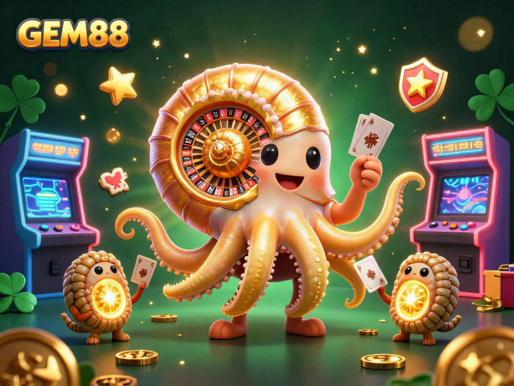 Engage with GEM88's dynamic casino world featuring a giant nautilus and glowing arcade elements.
